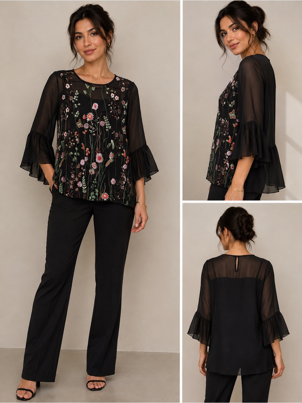 lola Black Floral Embroidered Ruffle-Sleeve Blouse